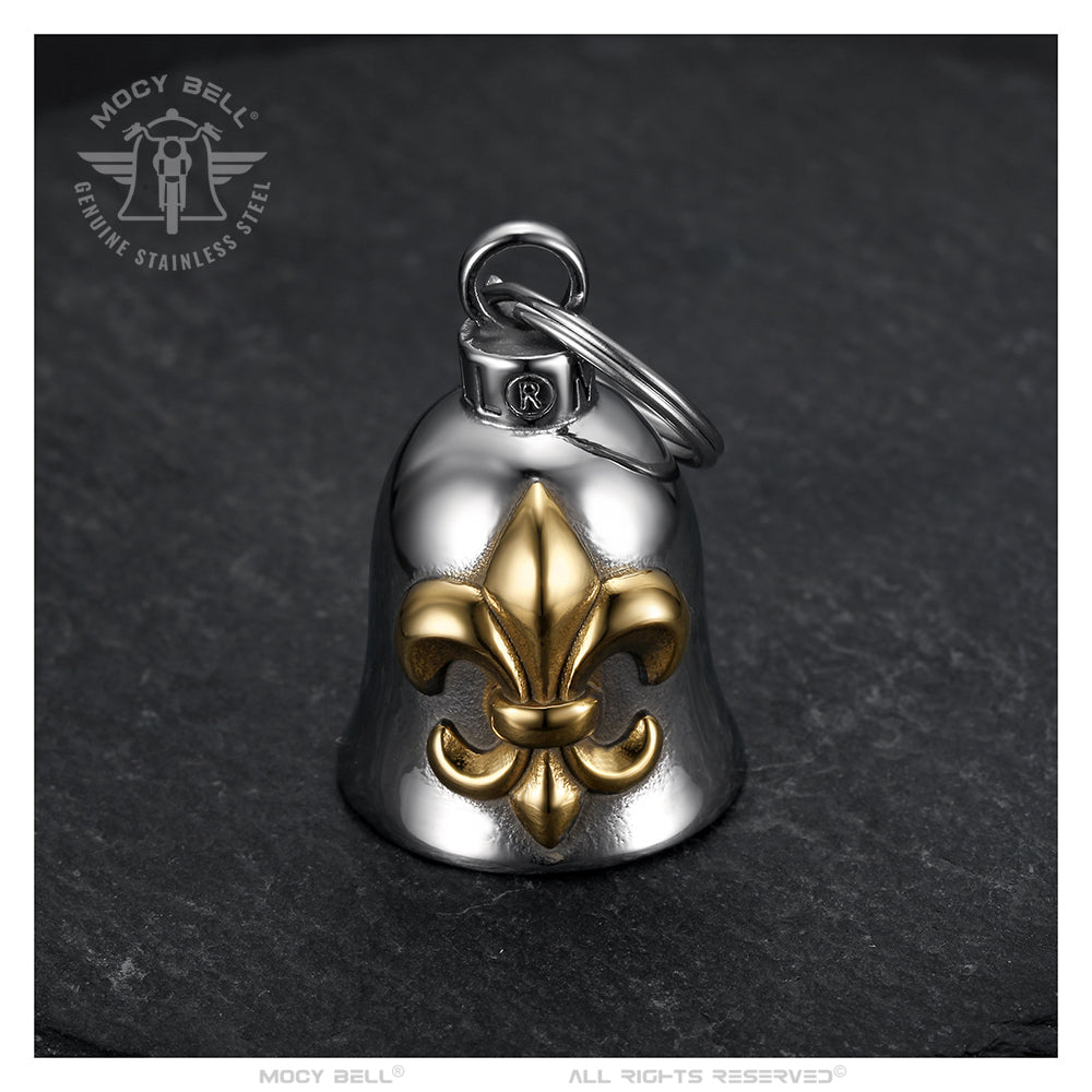 Clochette Mocy Bell Fleur de Lys en acier inoxydable 316L doré à l’or fin, son distinctif pour éloigner les mauvais esprits et protéger la moto
