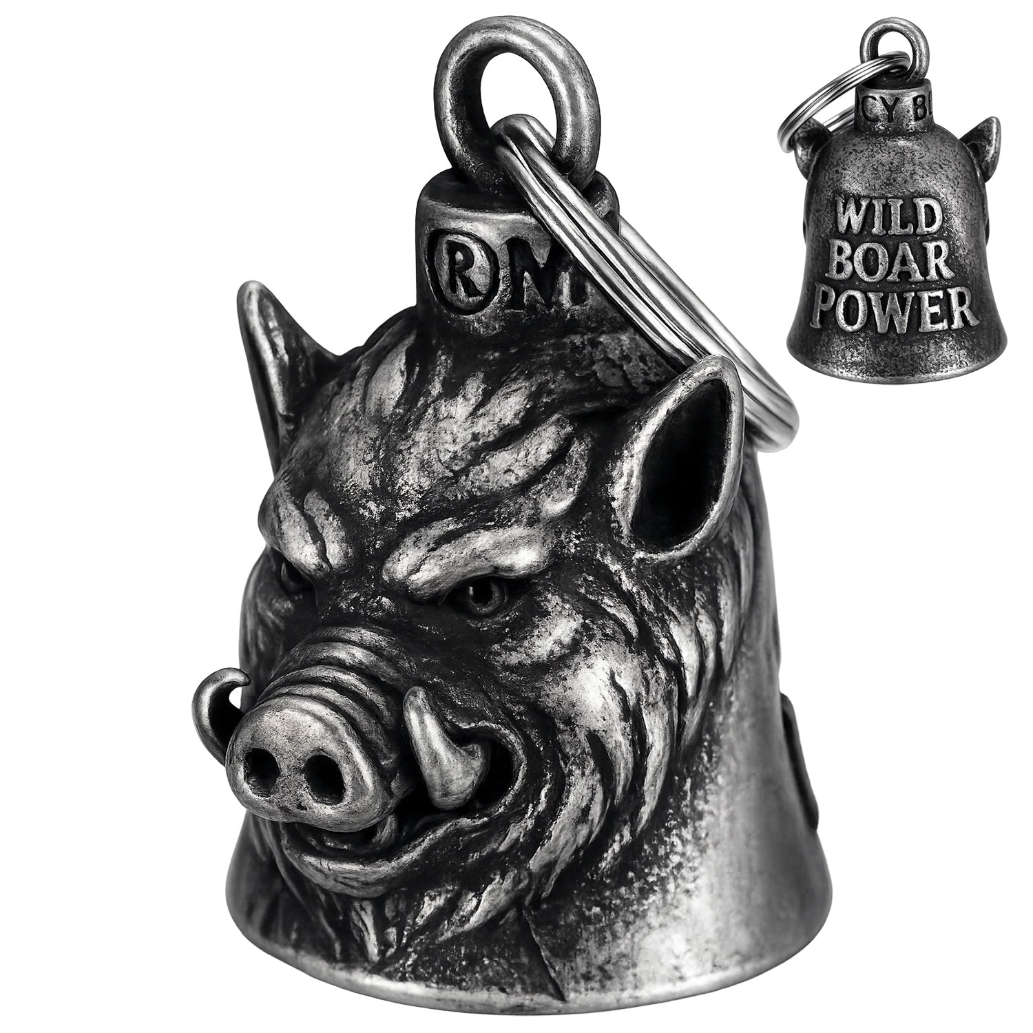 Clochette moto Sanglier Patriote Wild Boar Power MocyBell vue recto verso en acier 316L