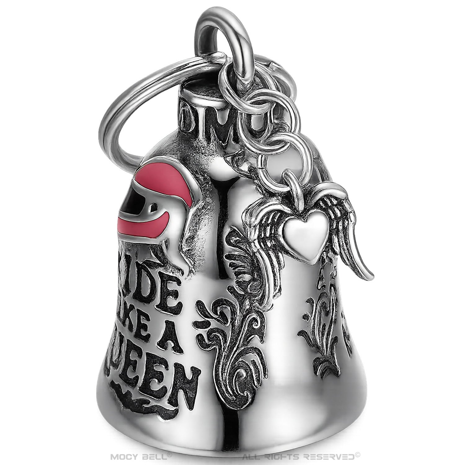 Clochette moto MocyBell Ride Like a Queen acier inox avec décor floral et casque rose