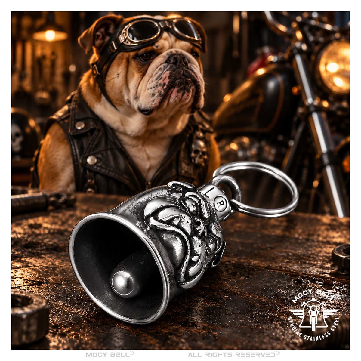 Gremlin Bell Bulldog MocyBell posée sur un établi devant un chien biker portant un blouson en cuir et des lunettes de moto.