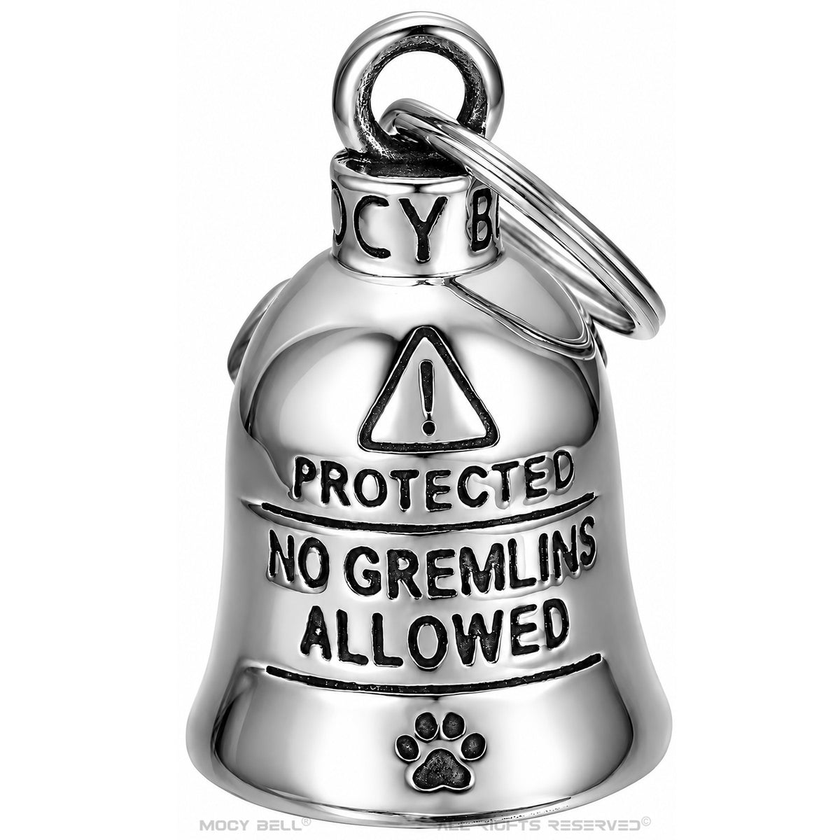 Dos de la clochette moto Bulldog en acier 316L avec message PROTECTED NO GREMLINS ALLOWED et empreinte de patte.