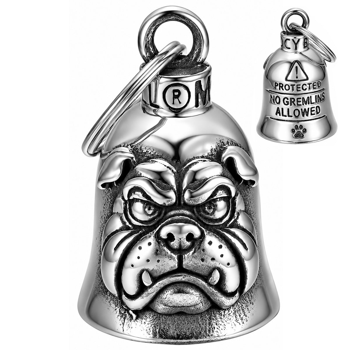 Clochette moto Bulldog MocyBell en acier inoxydable 316L, tête de chien en relief et aperçu du dos gravé Gremlin Bell.