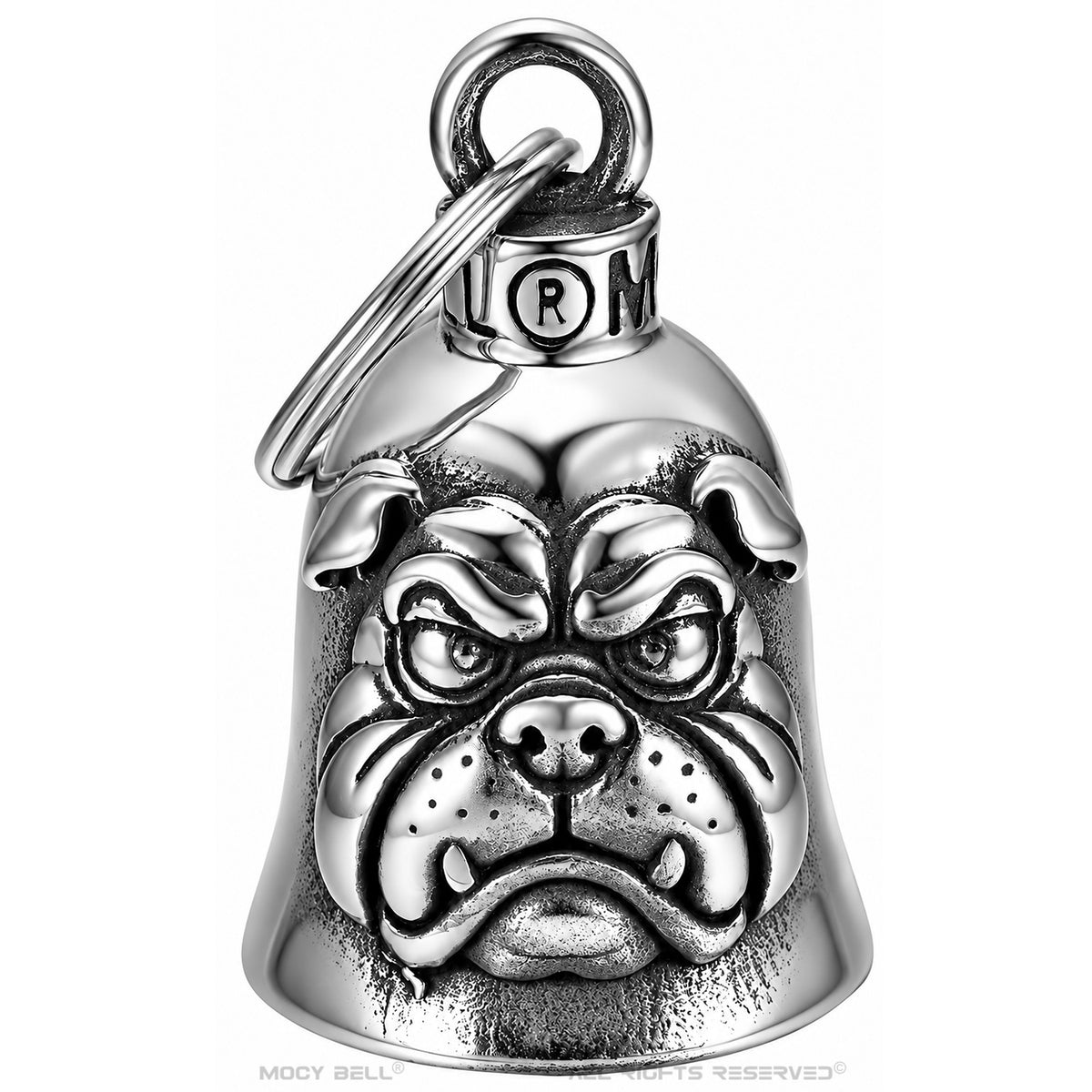 Vue de face de la clochette porte-bonheur moto MocyBell avec tête de bulldog aux crocs apparents et regard féroce.