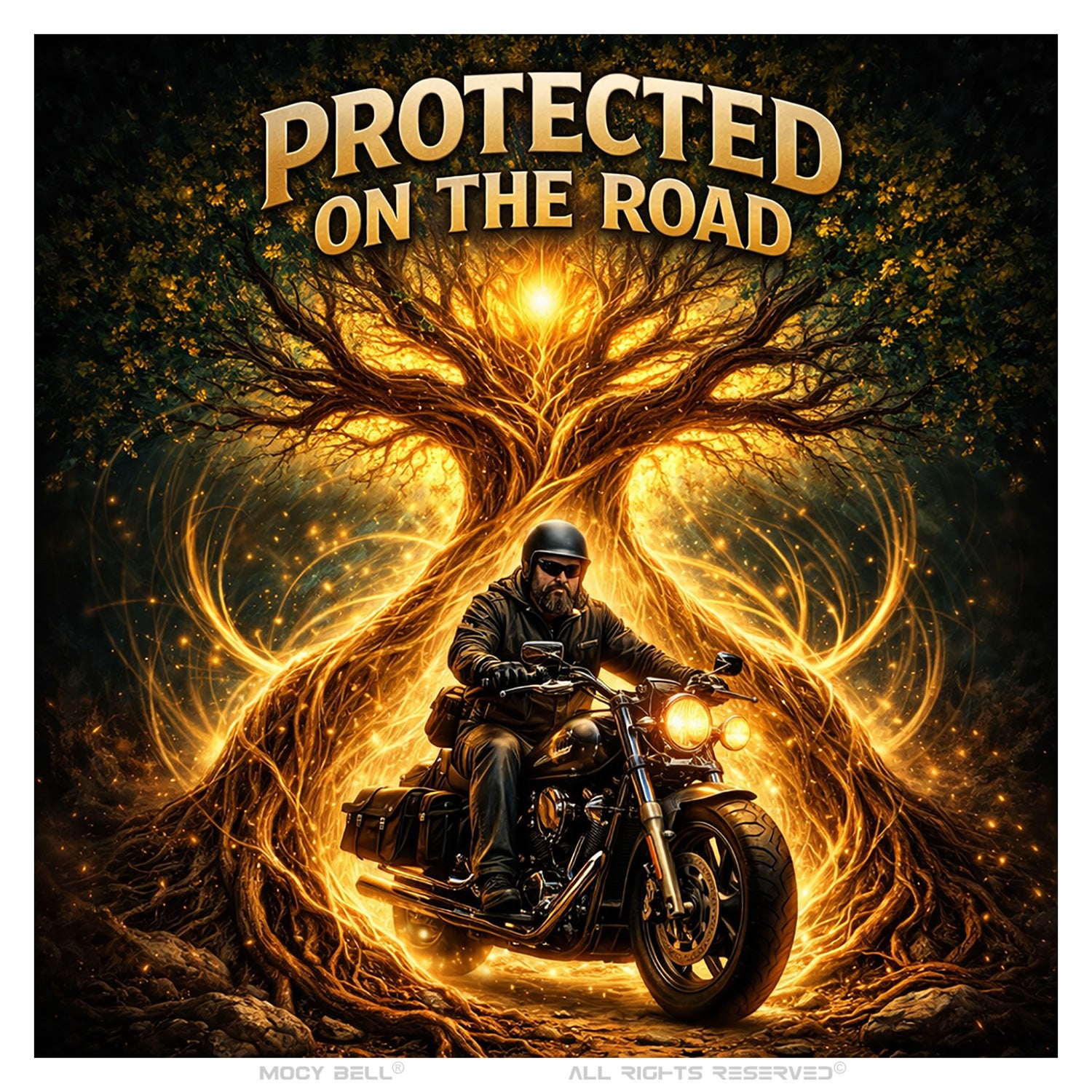 Motard sous un arbre de vie avec message Protected on the Road clochette moto porte-bonheur