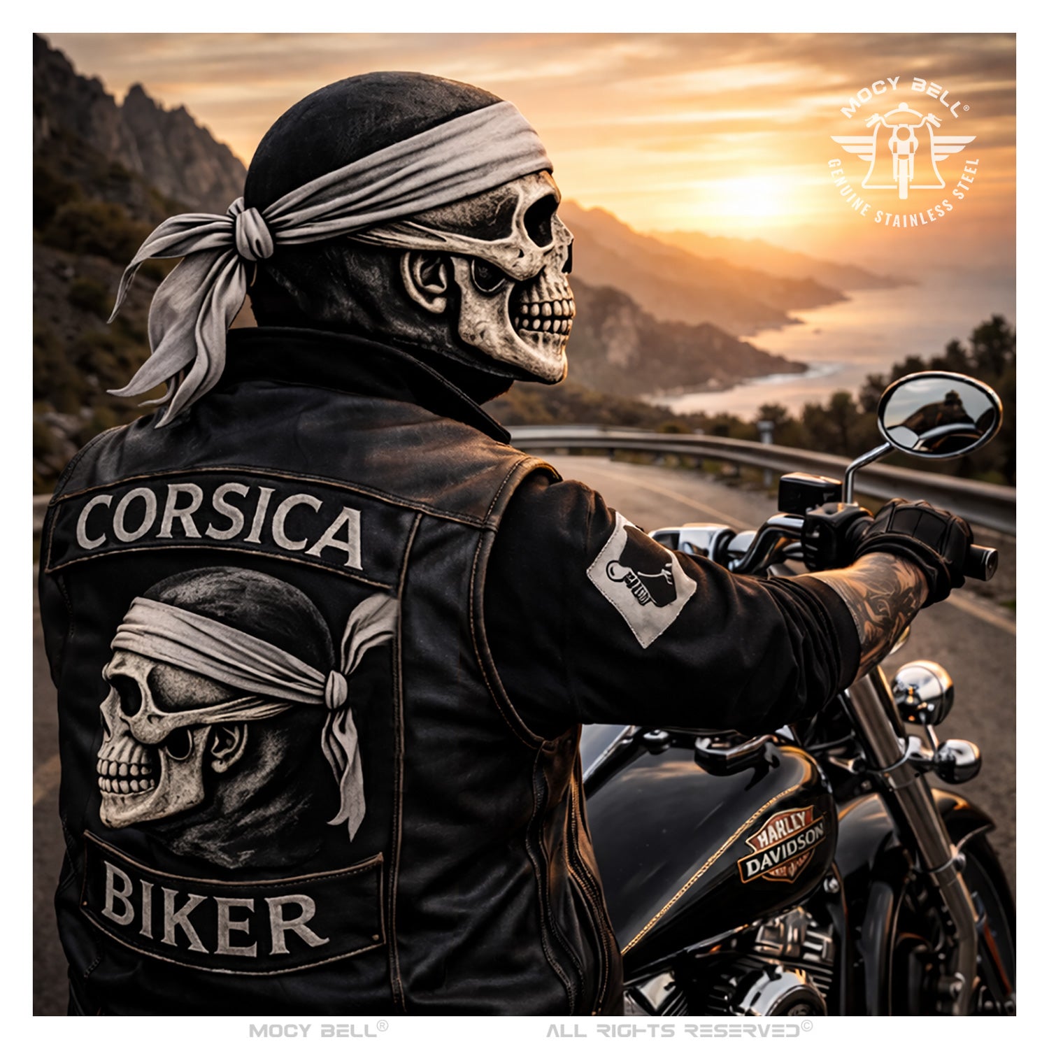 Motard Corsica Biker avec tête de mort et clochette moto porte-bonheur en situation