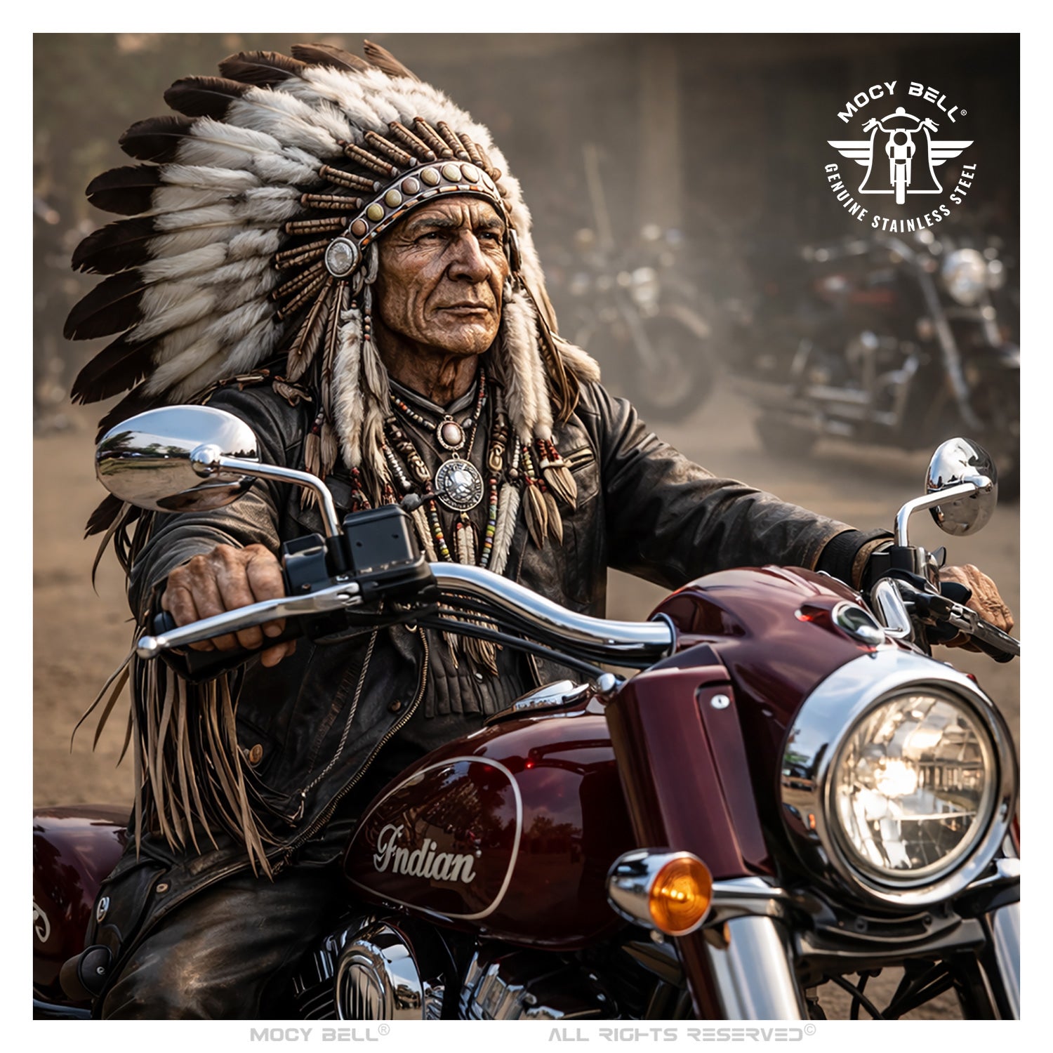 Motard style Indian biker avec clochette moto porte-bonheur en situation