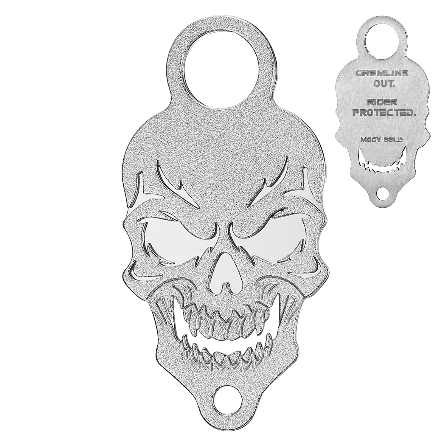 Support clochette moto Skull en acier inoxydable 316L finition argenté mat vue de face